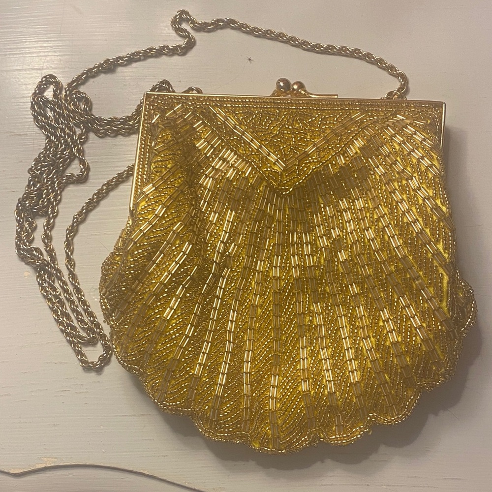 Gold Beaded Shell Clutch with Chain Strap